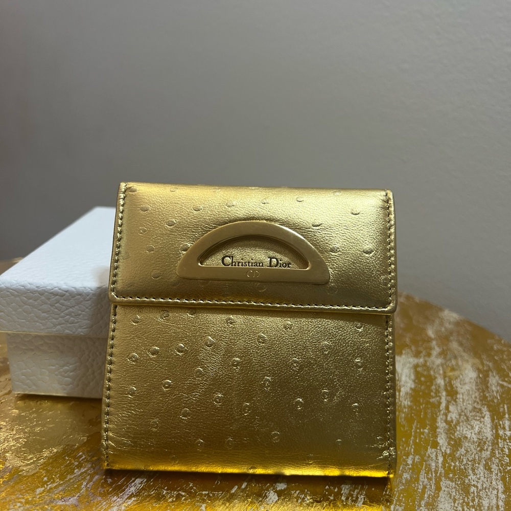 💛EUC💛 Christian Dior Compact Wallet - Gold Vintage Ostrich Embossed - Picture 2 of 11